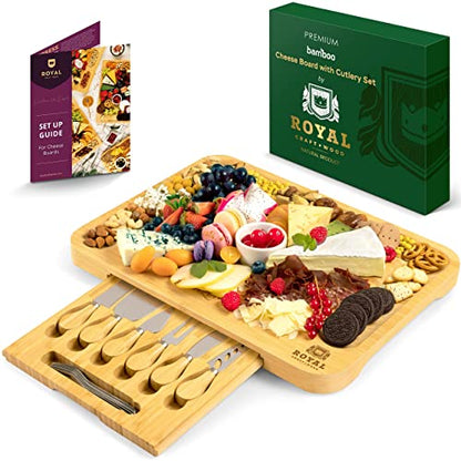 ROYAL CRAFT WOOD Extra Large Cheese Board - Bamboo Cheese Board and Knife Set - Charcuterie Board Set, Charcuterie Platter & Serving Tray - style: 4-6 Guests