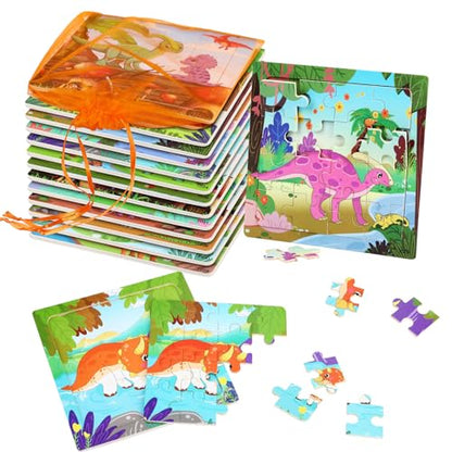 SANNIX 12 Pack Dinosaur Wooden Jigsaw Puzzles with Organize Bags, Dinosaurs | Animals Toddlers Puzzles for Kids Ages 3 4 5, Party Favors Educational Learning Travel Toys for Boys Girls - style: Dinosaurs