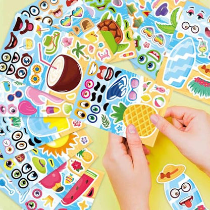 Summer Stickers, Make a Face Sticker, Hawaii Tropical Pool Beach Stickers | 24 Sheets Make Your Own Sticker with Pineapple Flamingo Beverage, Summer Holiday Party Favors - style: Summer