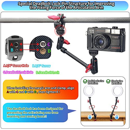 13"/34cm Magic Arm w Clamp, Camera Mount & Clamp w 1/4" 3/8" Threads and Articulating Friction Magic Arm, Overhead Phone Mount, Camera Boom Arm Mount for Light Webcam Mic Action Camera Monitor - size: 13IN-RB