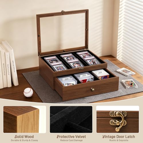 Emfogo Trading Card Storage Box, Wooden Graded Sports Card Display Case | Trading Card Display Case, Adjustable Drawer Dividers, TCG Card Storage Boxs, 1800+ Card Organizer for TCG, MTG, Sports Cards