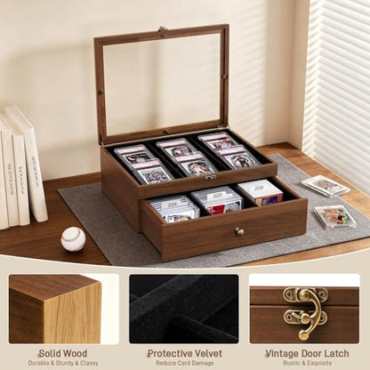 Emfogo Trading Card Storage Box, Wooden Graded Sports Card Display Case | Trading Card Display Case, Adjustable Drawer Dividers, TCG Card Storage Boxs, 1800+ Card Organizer for TCG, MTG, Sports Cards