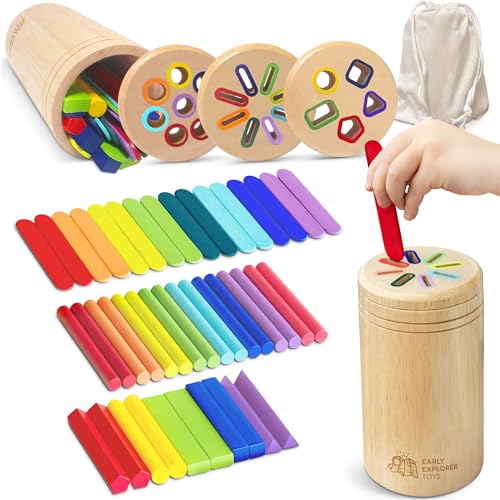 Wooden Montessori Baby Toddler Toys: 3 in 1 Learning Fine Motor Skills Juguetes, Educational Color Sorting Fidget Sensory Toys for Toddlers Boys Girls Gifts Object Permanence Cause and Effect - color: Multi Color - 3 Lid