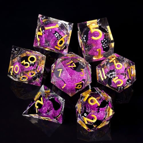 Liquid Core DND Dice Set, 7 Pcs Resin Sharp Edge Polyhedral Dice Quicksand Cat D&D Dice for Dungeons and Dragons RPG Role Playing Table Games