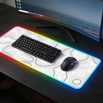 RGB Mouse Pad LED Desk Mat Large Gaming Mousepad White with Black Topographic Line Design, Keyboard Pad XL Mouse Mat for Home and Office(White with Black Topographic Line) - color: White With Black Topographic Line Mousepad With Led Large Mousepad