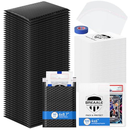 Trading Card Shipping Kit, Includes 100 4'' x 6'' Graded Card Shipping Protectors, 50 6'' x 8.7'' Envelope Bubble Mailers, 20M Painter’s Tape, 50 Cellophane Bags, PSA BGS CGC Slabs & Raw - color: 4'' x 6''