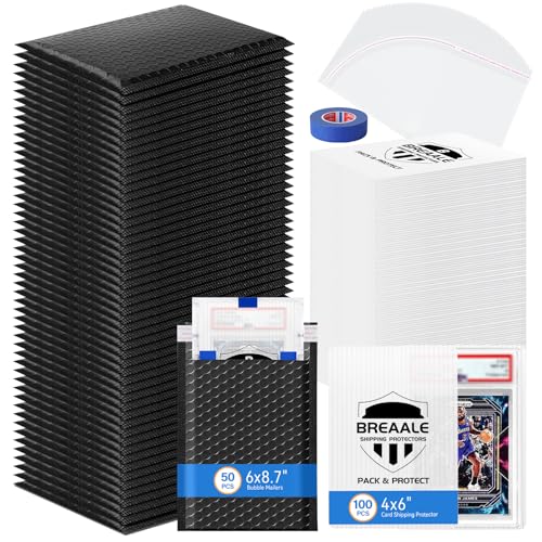 Trading Card Shipping Kit, Includes 100 4'' x 6'' Graded Card Shipping Protectors, 50 6'' x 8.7'' Envelope Bubble Mailers, 20M Painter’s Tape, 50 Cellophane Bags, PSA BGS CGC Slabs & Raw - color: 4'' x 6''