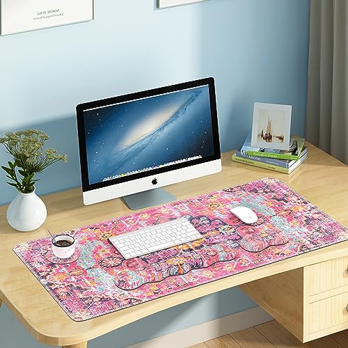 iLeadon Desk Mat Set,Boho Retro Art Mouse Pad with Wrist Rest | Mouse Pad Wrist Rest and Keyboard Wrist Rest Set,Large Mouse Pad,Coaster, 4in1 Rug Large Gaming Mouse Pad Set for Home Office - color: Boho Retro Art