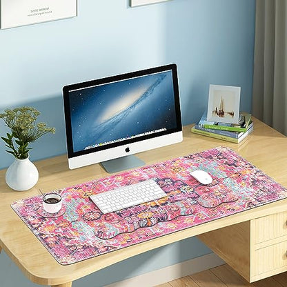 iLeadon Desk Mat Set,Boho Retro Art Mouse Pad with Wrist Rest | Mouse Pad Wrist Rest and Keyboard Wrist Rest Set,Large Mouse Pad,Coaster, 4in1 Rug Large Gaming Mouse Pad Set for Home Office - color: Boho Retro Art