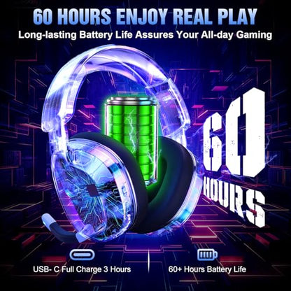 BENGOO 60H Wireless Gaming Headset with RGB Lights for PS5 PS4 PC | 7.1 Surround Sound, Noise Cancelling Mic, Bluetooth 5.4, Memory Foam Ear Cushions, Compatible with Switch Mac - color: White