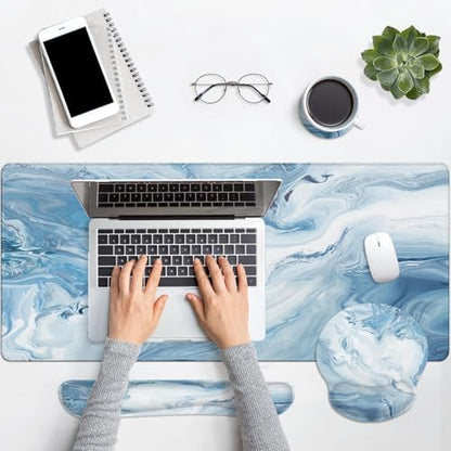 Arttown Blue White Gradient Desk Mat Abstract Ocean Marble Mouse Pad Set 4 in 1 Ergonomic Design Large Mousepad + Keyboard Wrist Rest + Mouse Wrist Rest + Coaster Suitable for Home Office Study Game - color: Blue White Marble