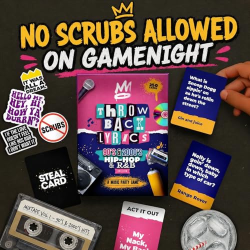 Throwback Lyrics — 90s & 2000s Hip-Hop & R&B Music Trivia & Finish the Lyrics Card Game | Charades + Steal Cards | Adult Party Game for Game Night, Girls Night, Birthdays & Gifts | 250 Cards