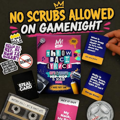 Throwback Lyrics — 90s & 2000s Hip-Hop & R&B Music Trivia & Finish the Lyrics Card Game | Charades + Steal Cards | Adult Party Game for Game Night, Girls Night, Birthdays & Gifts | 250 Cards