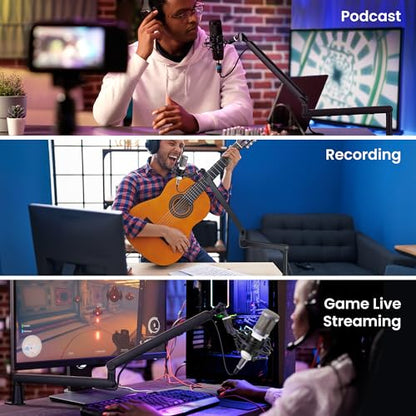 CAHAYA Mic Stand Boom Arm - Low Profile Adjustable Microphone Arm Stand with 3.5" Extension Pole Desk Clamp Screw Adapter for Streaming Gaming Black