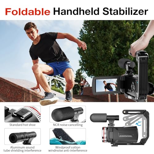 Digital Video Camera Camcorder 4K, 64MP UHD Vlogging Dual Camera for YouTube, 21X Digital Zoom HD Screen Vlog Camera with External Microphone, Stabilizer, Remote, 2 Batteries, Remote, Memory Card