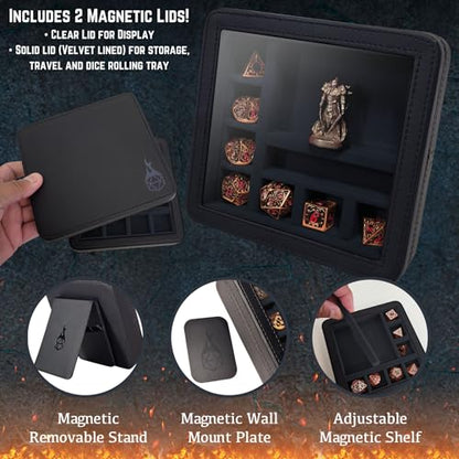Forged Dice Co. RPG Character Shrine Display Case for Dice and DND Miniatures - Includes Travel Dice Tray and Display Lid - Compatible with Dungeons and Dragons Dice and Miniatures - Black - color: Black