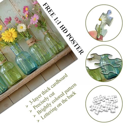 Wildflower 1000 Piece Puzzle for Adults, PICKFORU Whispering Blooms Summer Flower Garden Jigsaw Puzzle, Challenging Retro Vibrant Sunflower Vase Theme as Home Decor - style: Whispering Blooms