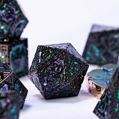 UDIXI Metal DND Dice Set D&D Polyhedral Dice Set for RPG (Green Sequins) | 7-Pieces, Dragon Carved, Chain-edge Design, Metal Gift Box, DM Gift, for Dungeons and Dragons Role Playing Games - color: Chain Frame-black With Green Sequins