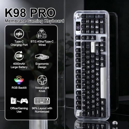 K98 Pro Wireless Keyboard,Tri-Mode Silent Bluetooth Keyboard | Membrane Keyboard TFT Screen, Volume Knob & Number Pad, RGB Backlit Creamy Mechanical Feel Keyboard for PC Game/Office(Black) - color: Black