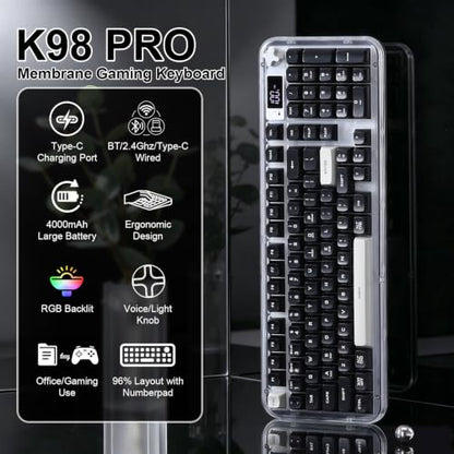 K98 Pro Wireless Keyboard,Tri-Mode Silent Bluetooth Keyboard | Membrane Keyboard TFT Screen, Volume Knob & Number Pad, RGB Backlit Creamy Mechanical Feel Keyboard for PC Game/Office(Black) - color: Black