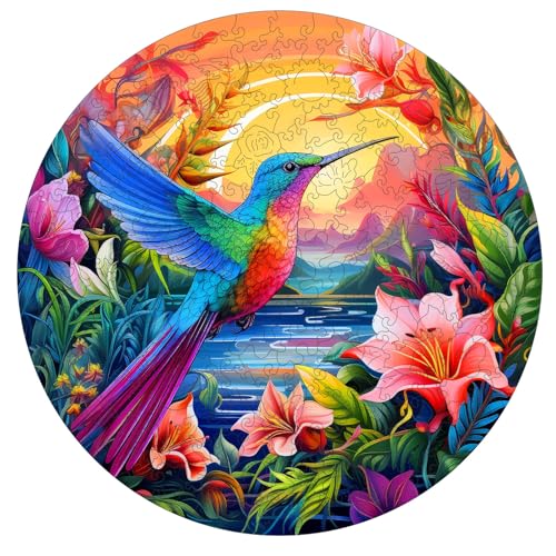 Mocfesk Puzzles for Adults, 500 Pieces Hummingbird Flower Wooden Puzzles | Unique Shaped Bird Jigsaw Puzzles for Bird Lovers, Gifts for Mom Grandma, Family Game, Home Decor, 16.5'' x 16.5'' - color: Round Hummingbird, size: Large