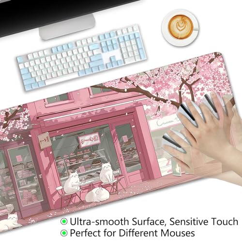 LIMKRIAN Cat Mouse Pad, Large Desk Mat, 31.5 x 11.8 in Pink Cherry Blossom | Stitched Edges, Non-Slip, Keyboard Mouse Pad, Computer Mouse Pads for Desktop, Cute Office Desk Accessories for Women - color: Japanese Dessert House
