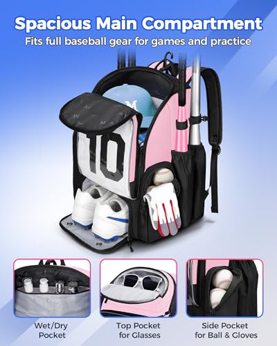 MATEIN PRO Youth Baseball Backpack for 4 Bats, Collapsible Shoe Compartment | Water Resistant, Large, Boys Baseball Bat Bag, Insulated Beverage Pocket, Clear Display Window, Storage Holds Glove, Helmet - color: Light Pink