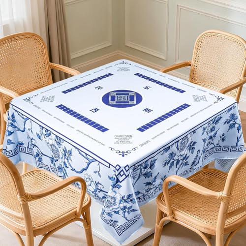 55 x 55 in Mahjong Tablecloth, Florals Card Table Mat, Multi Purpose Game Table Cover, Mahjong Party Decorations for Beginners, Lovers, Card, Board Tile Games, Poker, Dominoes (Blue) - color: Blue, White