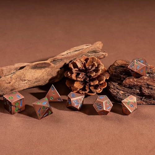 UDIXI Metal DND Dice Set Copper, 7PCS Metal Polyhedral Dice Set for D&D RPG | Green Flower, Metal Case Packaging, Heavy Metal Dice, D&D Gift, for Dungeons and Dragons Role Playing Games Tabletop Games - color: Flower/Copperblue