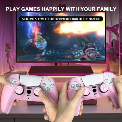 Pink Glitter Anti-Slip Protective Silicone Cover Skin Grips Compatible with PS5/Slim/Pro Controller,8 PCS Glitter Thumb Grips Caps and 2 Grips Caps. (Glitter Pink)