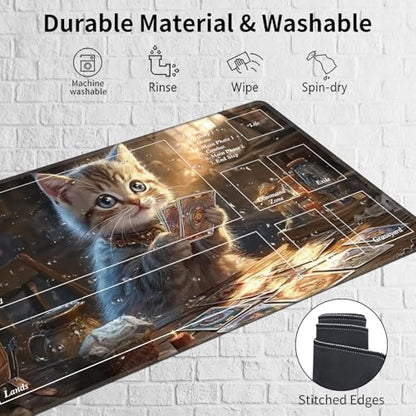 MTG Playmat with Magic Zone 24 x 14in Includes Storage Bag,TCG Playmat with Soft Surface Premium Non-Slip Rubber Backing Stitched Edges Durable Gaming Mat,Cat Playing Cards - color: Cat Playing Cards, size: 24"×14"With Zones