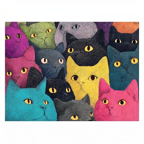 1000 Piece Puzzle for Adults, Colorful Whimsical Cat Faces Illustration, Premium Matte Finish, Thick Blue Cardboard, Fun and Challenging Jigsaw Puzzles for Cat Lovers - color: Rainbow Cats Squad