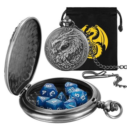 Mini DND Dice Set, 7-Piece Polyhedral Acrylic D&D Dice, with Steampunk Dragon Large Pocket Watch Case, DND Gift Bag with Dragon Logo, Role Play Board Game Accessories, Dark Silver + Blue - color: Silver + Blue