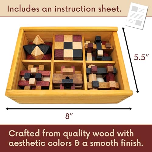 Wooden Brain Teaser Puzzles 6 Pack - 3D Brain Teasers for Adults & Kids - Educational and Fun Gift Ideas - Mind Puzzles