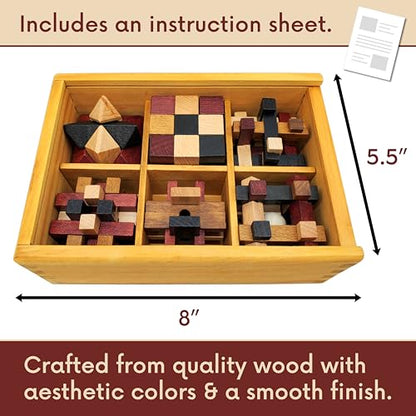 Wooden Brain Teaser Puzzles 6 Pack - 3D Brain Teasers for Adults & Kids - Educational and Fun Gift Ideas - Mind Puzzles