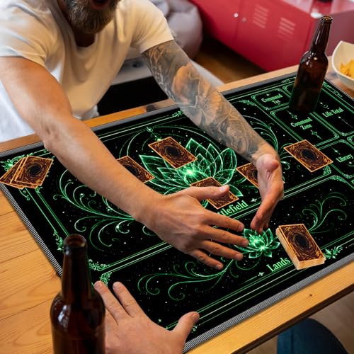 Playmat for MTG with Zones, 24 x 14 Inch Card Game Mat, Stitched Edges, Non Slip Rubber Base, 2mm Washable Play Mat with Storage Bag, Lotus Flower Design, Green Color - color: Green