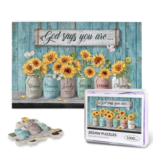 Christian Puzzles for Adults 1000 Pieces Inspirational Bible Verses Challenging Puzzle Butterfly Sunflower Wooden Puzzles God Says You are Wooden Picture for Living Room Family Activities Fun Games - color: God Says You Are, size: 1000PCS