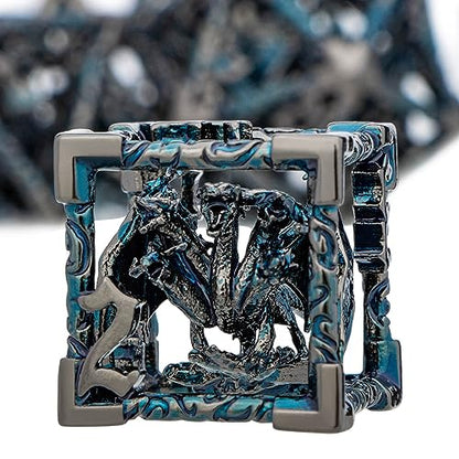 ARUOHHA Hollow DND Dice Set Black Blue Metal Dragons D and D Dice with Gift Box, Role Playing Games 7PCS RPG Dungeons Polyhedral Dice Set D20 D12 D10 D8 D6 D4 - color: Black Blue