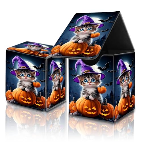 for MTG Commander Card Deck Box,Trading Card Storage Box with Magnetic Closure,Fits 120+ Single Sleeved Cards,Deckbox,Fits Sports TCG/CCG/MTG Accessories,﻿Cat Halloween Pumpkin - color: Cat Halloween Pumpkin