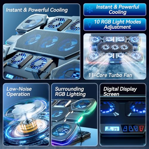 Gaming Laptop Cooling Pad - 11 High Speed Turbo Fans Ultra Quiet Laptop Cooler Stand with RGB Lights Digital Display Height Adjustable for 17 Inch Laptop