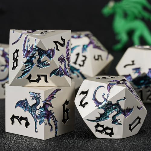 Metal D&D Dragon Dice Set,Metallic DND Polyhedral Dice for Dungeons and Dragons RPG TTRPG D&D 7-Die Set with Gift Case Pearl Silver Illusion to Blue Green Purple - color: Dragon-pearl Silver Illusion to Blue Green Purple