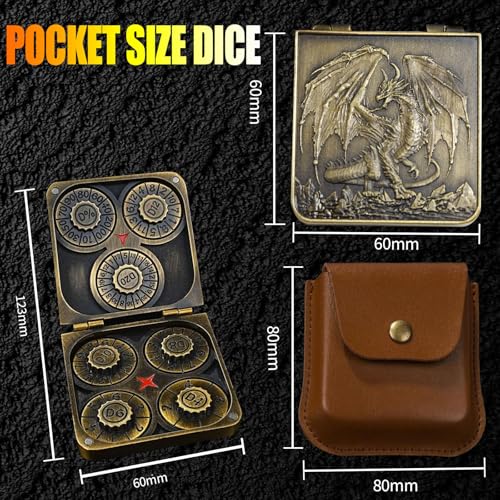Metal DND Dice Set 7-in-1 D4-D20 3D Dragon Case Leather Bag Gold | 7 in 1 metal polyhedral dice. D4-D20 dnd spinner. 3D dragon case. Leather storage bag. Zinc alloy. DND RPG TTRPG gift. - color: Glod