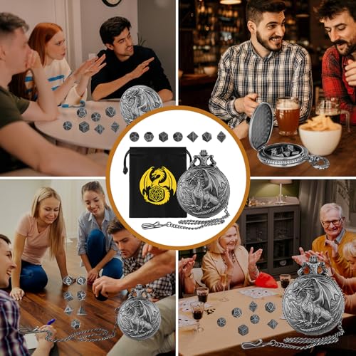Mini DND Dice Set with Steampunk Dragon Pocket Watch Shell Case, 7pcs Polyhedral Metal DND Dice Set, DND Starter Set, D&D Gifts with Dragon Logo Gift Bag, Role Playing Board Games Accessories, Silver - color: Silver