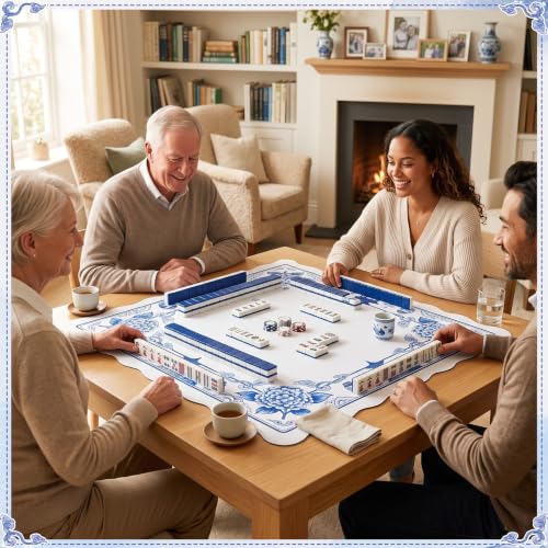 Blue and White Chinoiserie Floral Mahjong Mat 31.5" x 31.5" | Non-slip, Noise Reduction, Gaming Mat with Carrying Bag, Mahjong Table Cover for Poker Board Card Games Dominoes - style: Blue and White