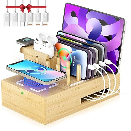 Bamboo Wireless Charging Station for Multiple Devices - Wood Docking Station Organizer, Qi Certified Fast Wireless Charger, 7 USB Charging Ports for Cellphone, Smart Watch, Earbuds, Tablet - color: Bamboo