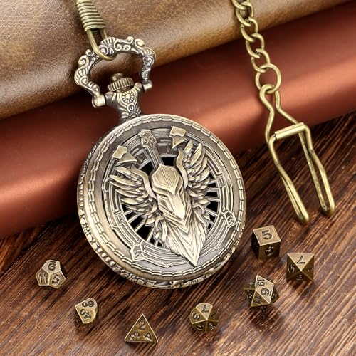 Mini DND Dice Set Steampunk Hollow Paladin Knight Warrior Pocket Watch Shell Case, 7pcs Polyhedral Metal D&D Dice Set with Gift Box, Role Playing Board Games Accessories - color: Paladin