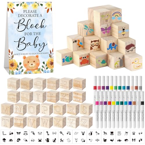 117 Pcs Baby Shower Blocks to Decorate Game Kit Includes 52 Wooden Blocks 24 Markers 1 Game Sign 40 Templates to Paint (Blue Bear) - color: Blue Bear