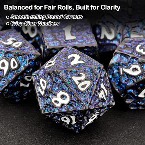 Haxtec Metal DND Dice Set Black Blue Polyhedral D&D Dice Compatible with Dungeons and Dragons Gift TTRPG Glitter Metal Dice - color: Black Blue White