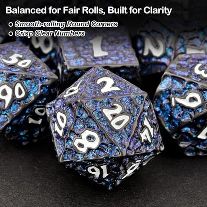 Haxtec Metal DND Dice Set Black Blue Polyhedral D&D Dice Compatible with Dungeons and Dragons Gift TTRPG Glitter Metal Dice - color: Black Blue White