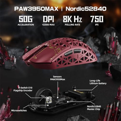 ATTACK SHARK R5Ultra 8K Carbon Fiber Wireless Gaming Mouse, Red | 42K DPI,PAW3950 MAX Sensor,39g Ultra-Lightweight,Nordic 52840 MCU Chip,Wired/BT/2.4GHz Wireless Programmable Mouse for PC/Mac - color: Red